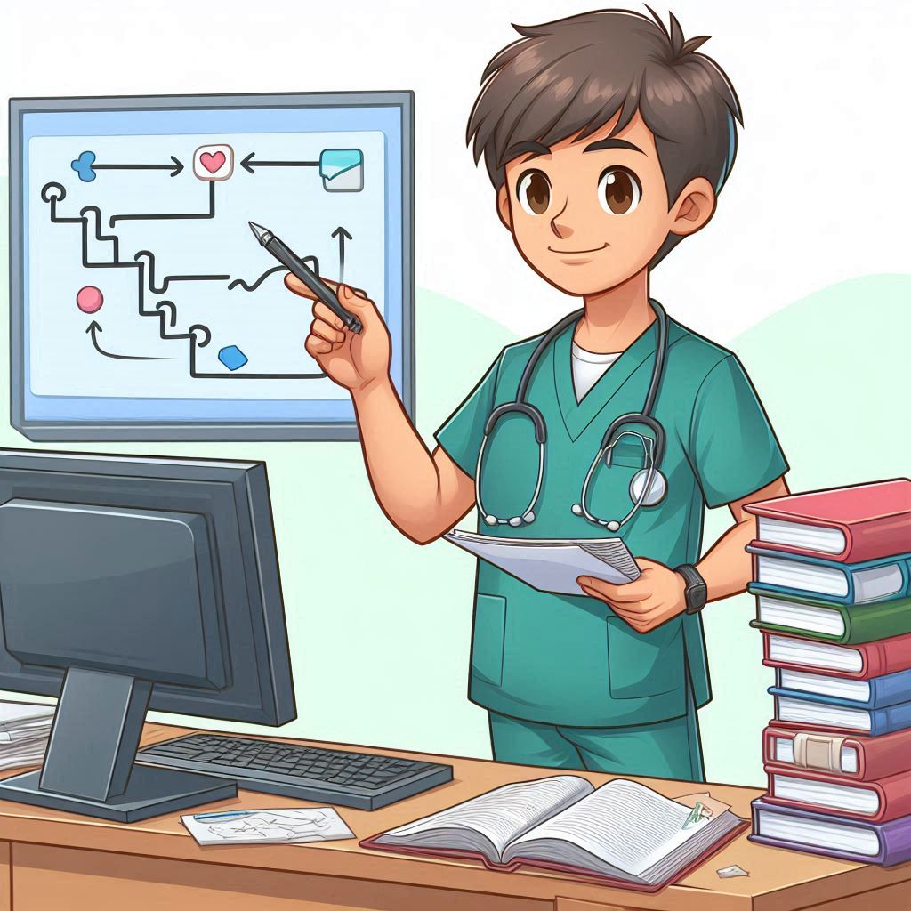 cartoon picture of a doctor wearing scrubs following a step by step algorithm as a part of his studying for an